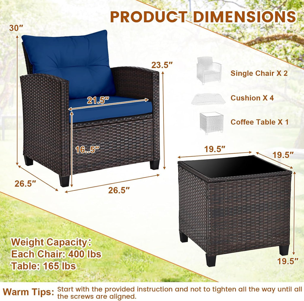 ORALNER 3 Pieces Patio Furniture Set, Outdoor Wicker Conversation Set Rattan Chairs with Cushions, Glass Coffee Table, Bistro Set for Front Porch Balcony Garden Deck Poolside (Navy)
