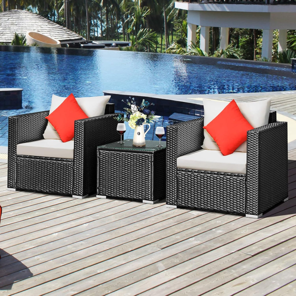 COSTWAY 3-Piece Outdoor Patio Furniture Set, Cushioned Armchairs and Tempered Glass Coffee Table, Wicker Rattan Sofa Set for Garden, Balcony, Backyard (White)