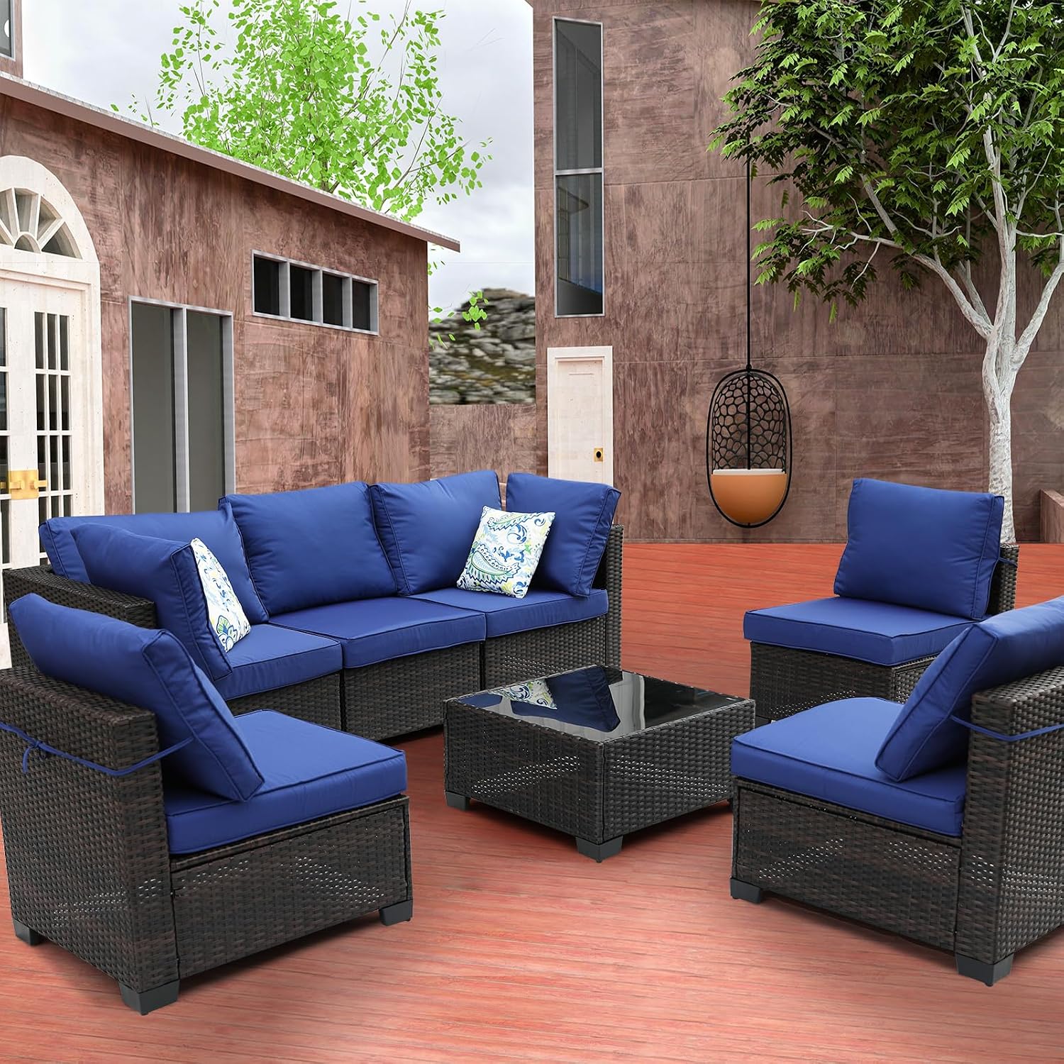 7 Pieces Patio Furniture Set (Brown/Blue), All-Weather Outdoor Sectional Sofa with Anti-Slip Cushions & 2 Pillows, Conversation Set Perfect for Garden, Lawn, Deck