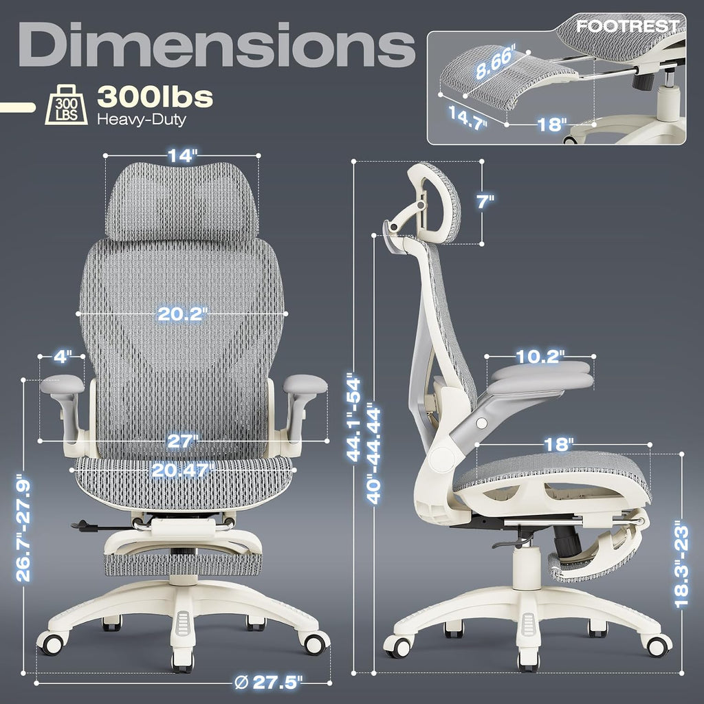 ELABEST X100 Ergonomic Mesh Office Chair with Footrest, Big and Tall Hone Desk Chair with 5D Flip-Up Arms, Adjustable 3D Lumbar Support,Gaming & Executive Computer Chairs (First Light)