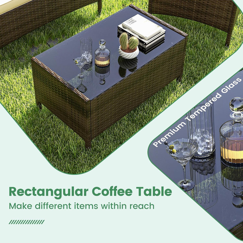 RELAX4LIFE 4-Piece Patio Furniture Set - Rattan Outdoor Conversation Bistro Set w/Cushions, Glass Coffee Table, Wicker Chairs & Loveseat for Garden Backyard Porch, Balcony Furniture Set (1, Beige)