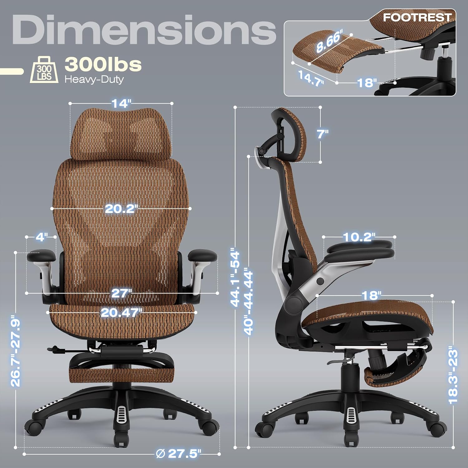 ELABEST X100 Ergonomic Office Chair with Footrest, Big and Tall Home Desk Chair with 5D Flip-Up Arms, Adjustable 3D Lumbar Support,High Back Rolling Computer Chair, Swivel Mesh Chairs