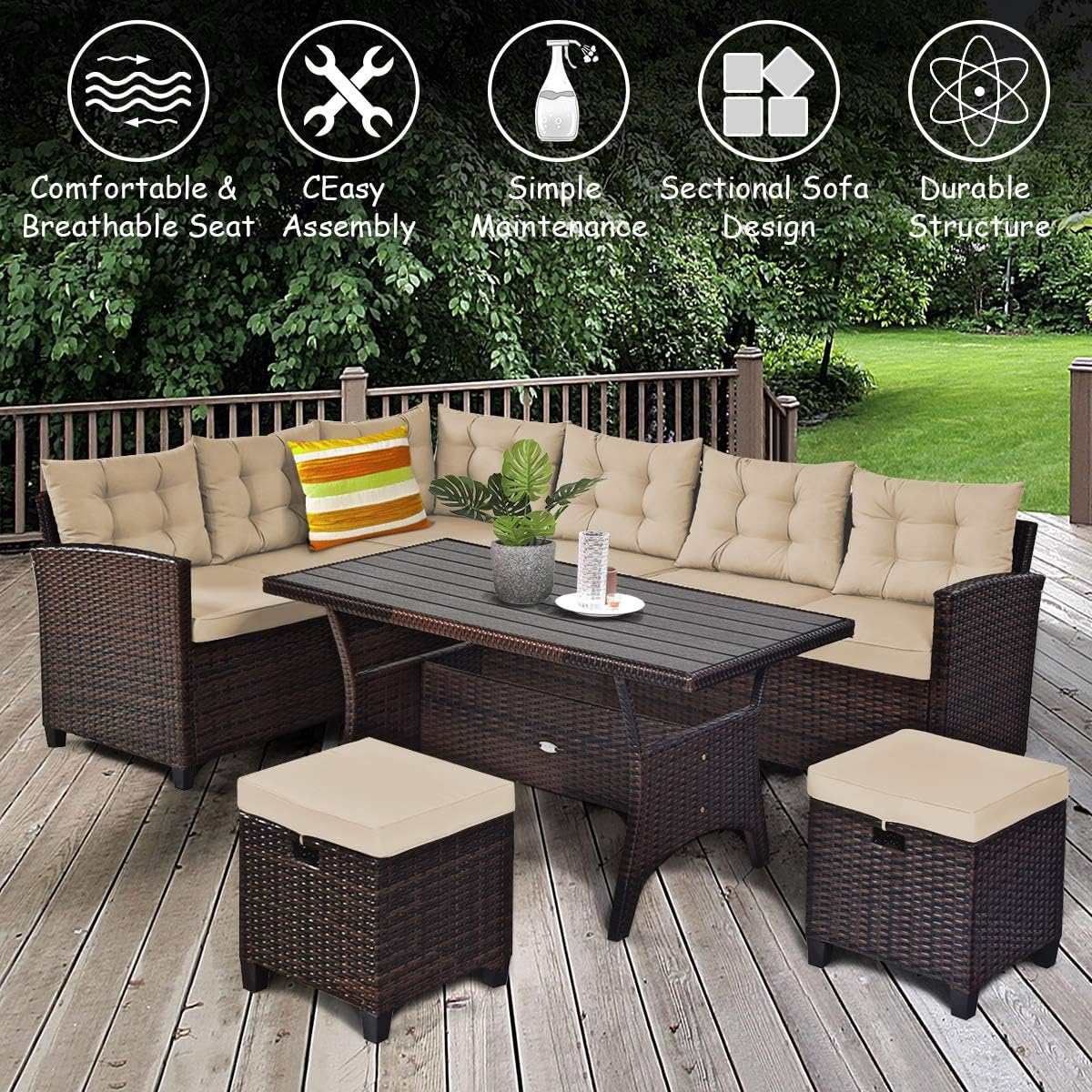 Tangkula 5 PCS Patio Furniture Set, Outdoor Conversation Set with 6 Cushioned Seat 2 Ottomans & Coffee Table, All Weather Wicker Dining Table Set with Ottoman, Rattan Sectional Couch Sofa Set