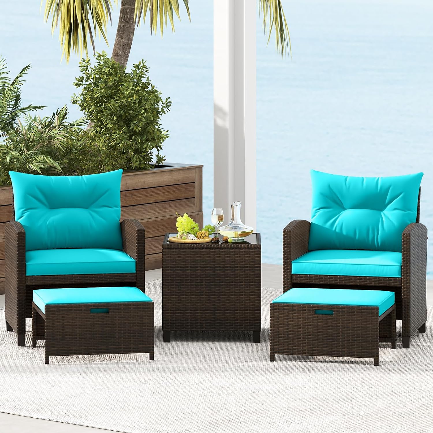 KOTEK 5 Pieces Patio Furniture Set with Ottomans, Wicker Patio Conversation Set with Coffee Table & Cushions, PE Rattan Outdoor Lounge Chairs for Backyard, Porch, Poolside (Mix Brown- Turquoise)