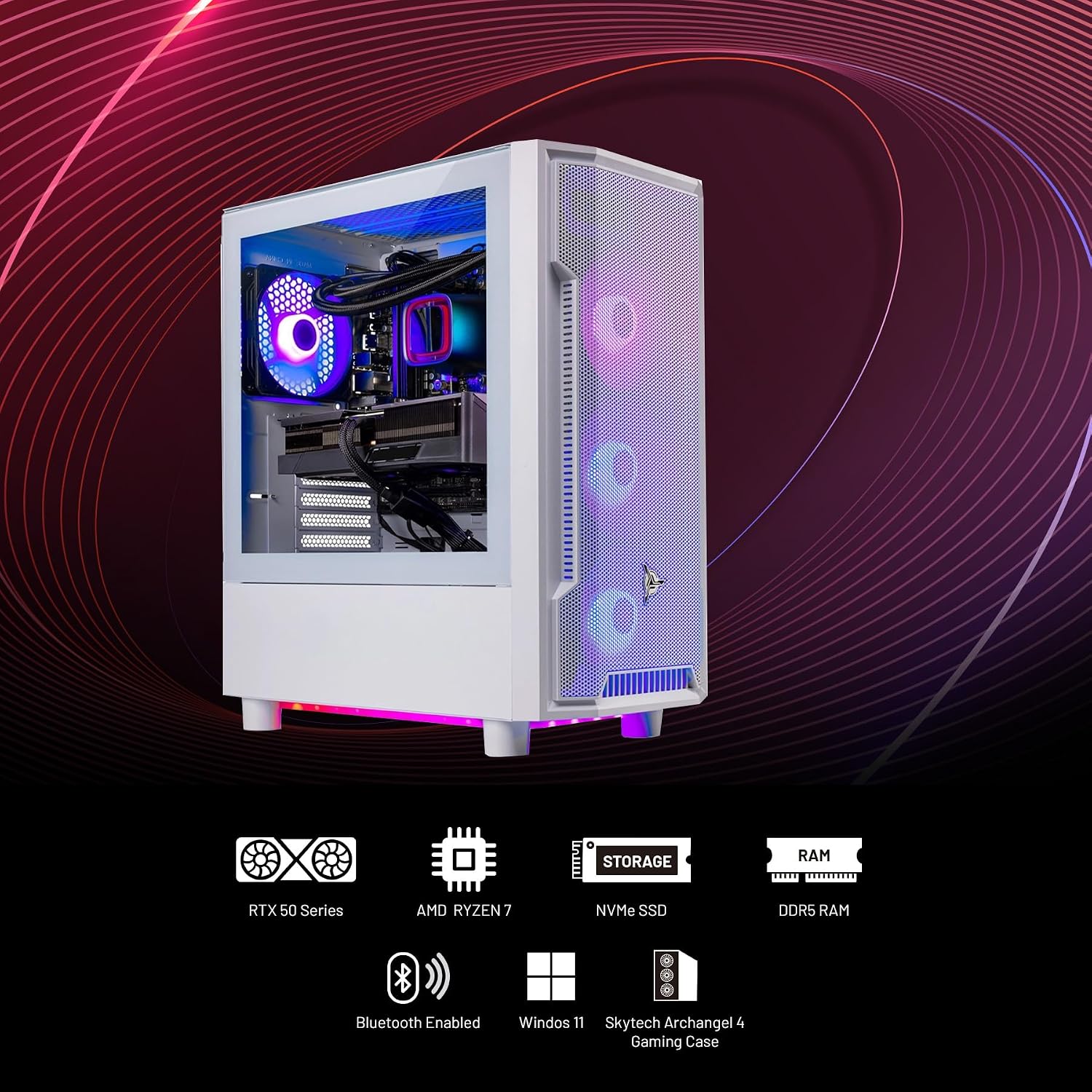 Skytech Gaming Archangel Gaming PC, AMD Ryzen 7 7800X3D 4.2GHz, NVIDIA RTX 5060 Ti 16GB, 1TB Gen4 NVMe SSD, 32GB DDR5 RAM 6000, 650W Gold PSU, 360 ARGB AIO, Wi-Fi, Win 11, Desktop