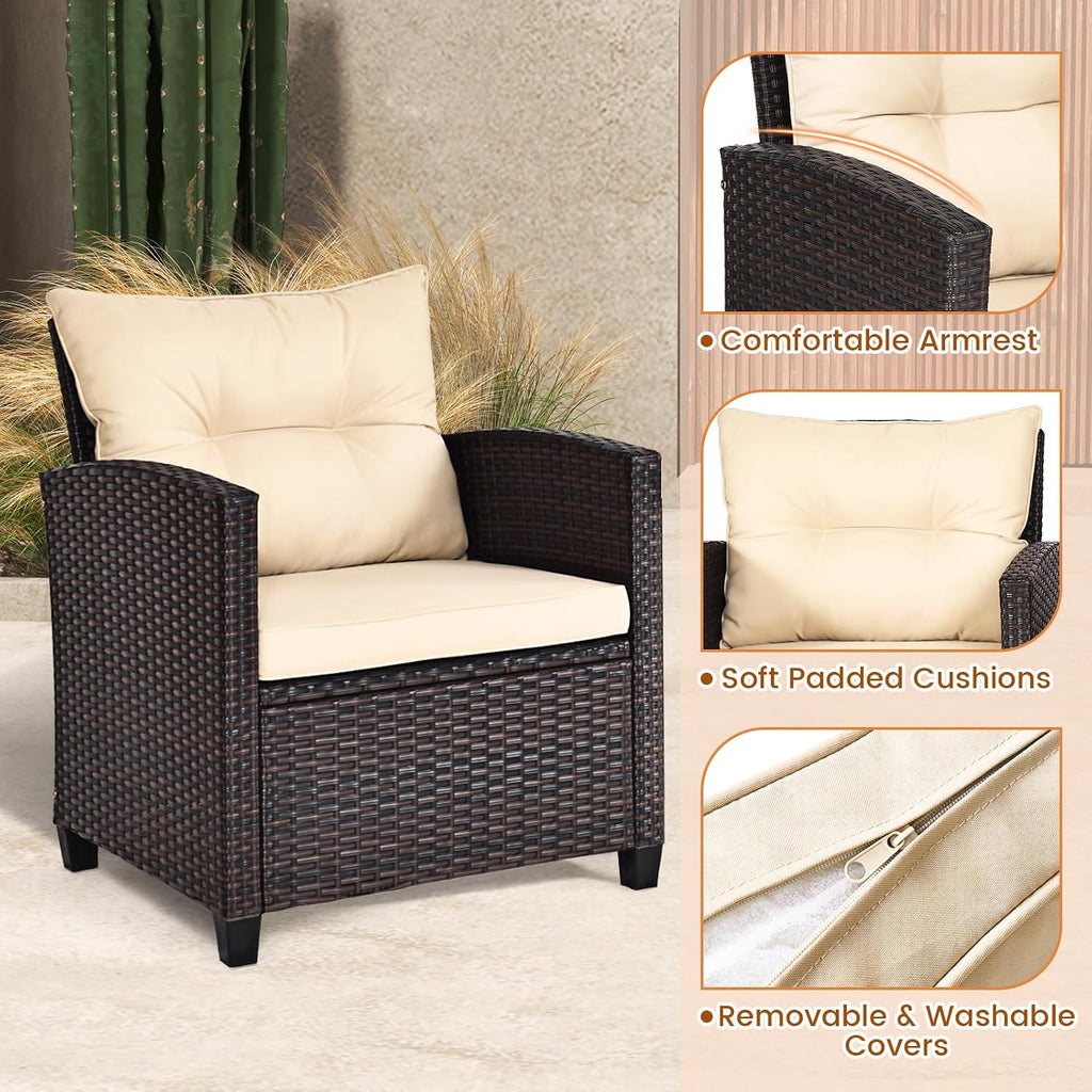 ORALNER 3 Pieces Patio Furniture Set, Outdoor Wicker Conversation Set Rattan Chairs with Cushions, Glass Coffee Table, Bistro Set for Front Porch Balcony Garden Deck Poolside (Beige)