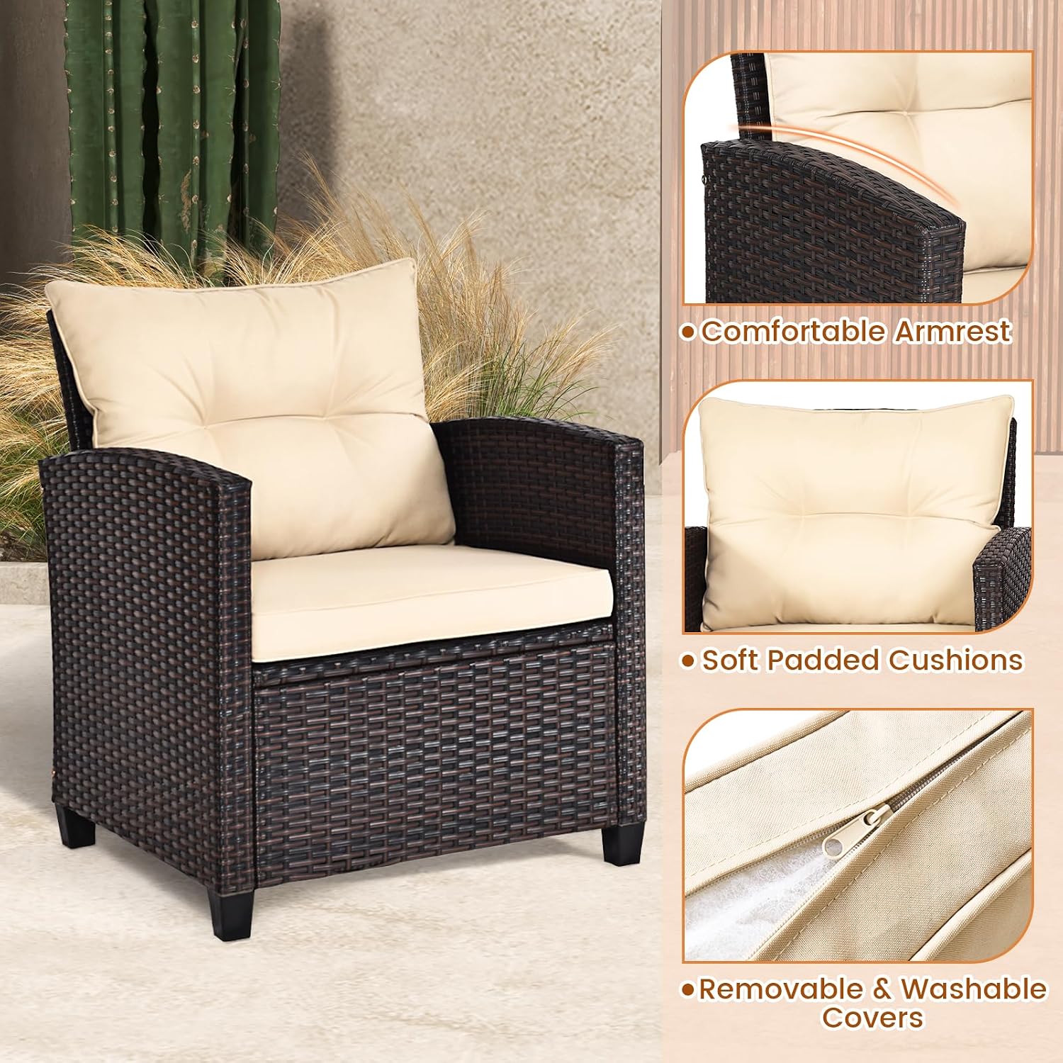 ORALNER 3 Pieces Patio Furniture Set, Outdoor Wicker Conversation Set Rattan Chairs with Cushions, Glass Coffee Table, Bistro Set for Front Porch Balcony Garden Deck Poolside (Beige)