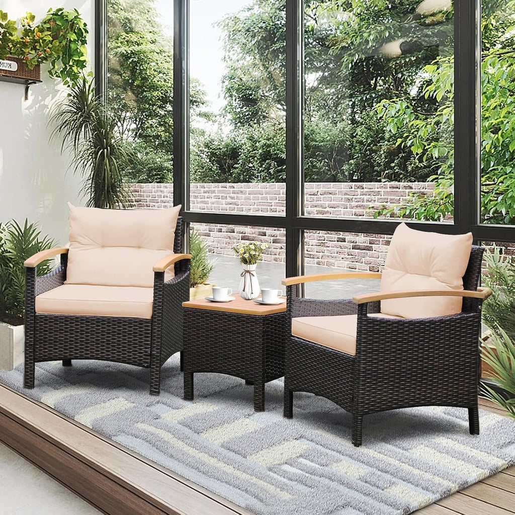 Tangkula 3-Piece Patio Furniture Set, Patiojoy Outdoor Rattan Sofa Set with Coffee Table, Patio Conversation Set with Removable Cushion, Cozy Acacia Wood Armrests for Backyard, Poolside (Beige)
