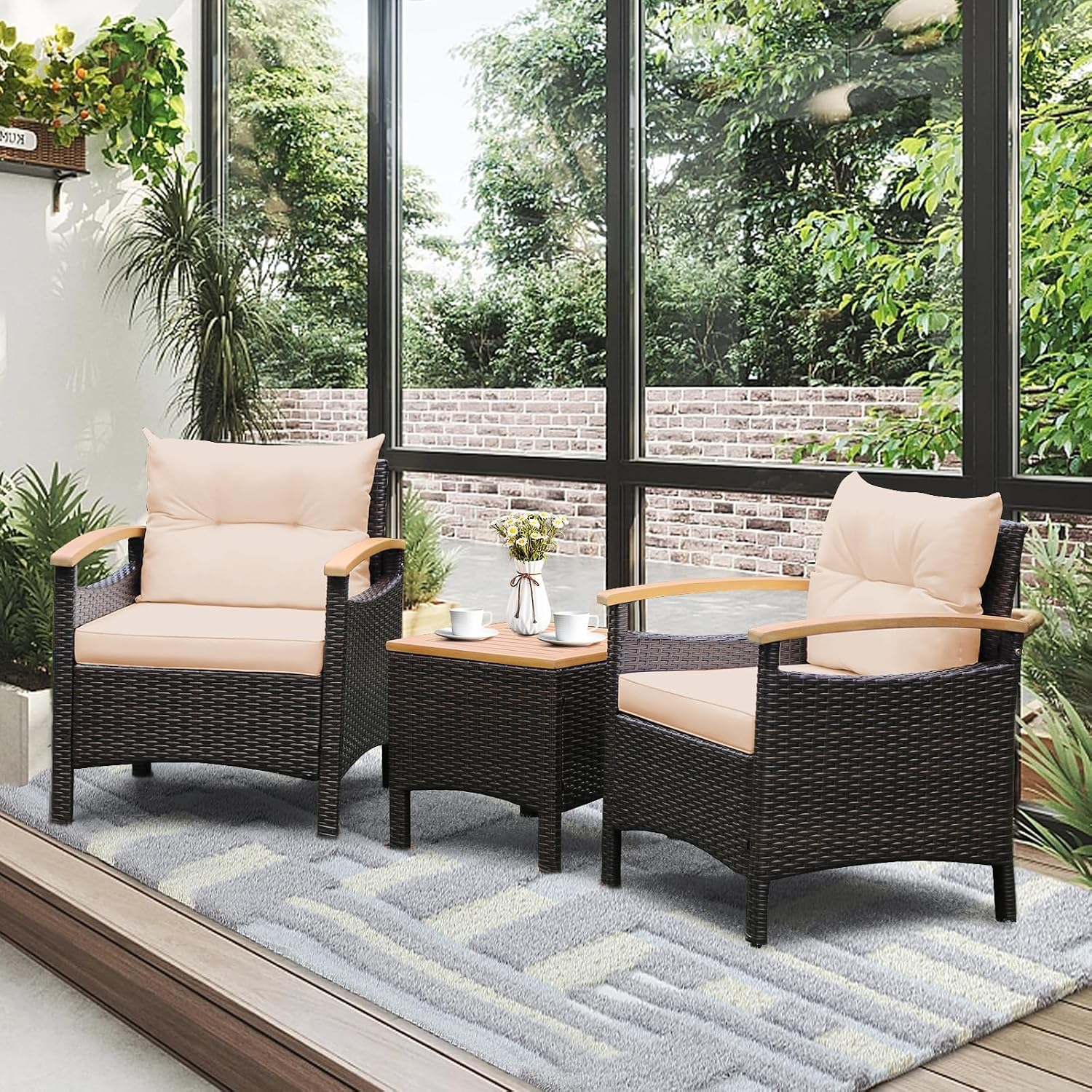 Tangkula 3-Piece Patio Furniture Set, Patiojoy Outdoor Rattan Sofa Set with Coffee Table, Patio Conversation Set with Removable Cushion, Cozy Acacia Wood Armrests for Backyard, Poolside (Beige)