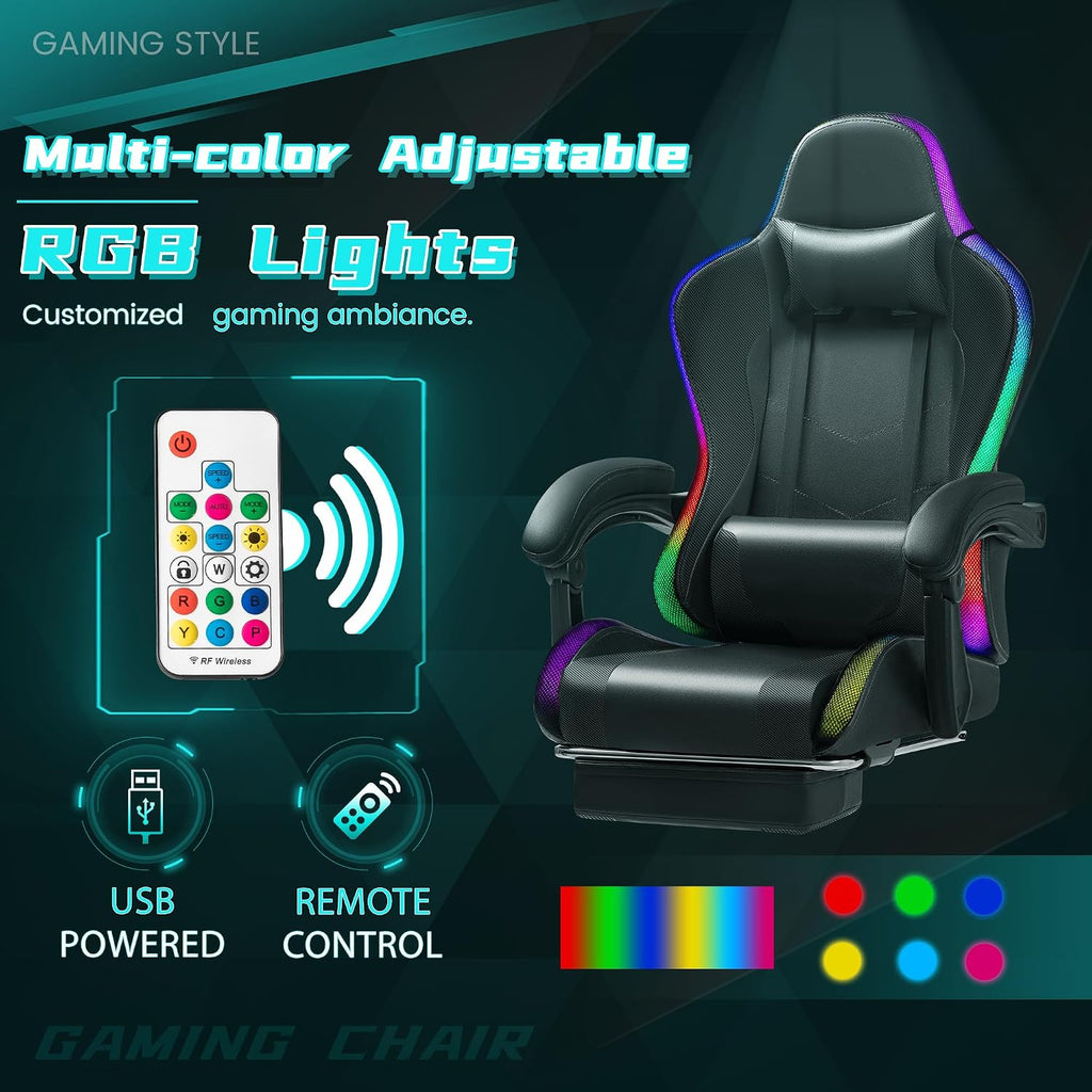 Gaming Chair with RGB, Computer Gaming Chairs with LED Lights and Footrest for Home, Office, Black