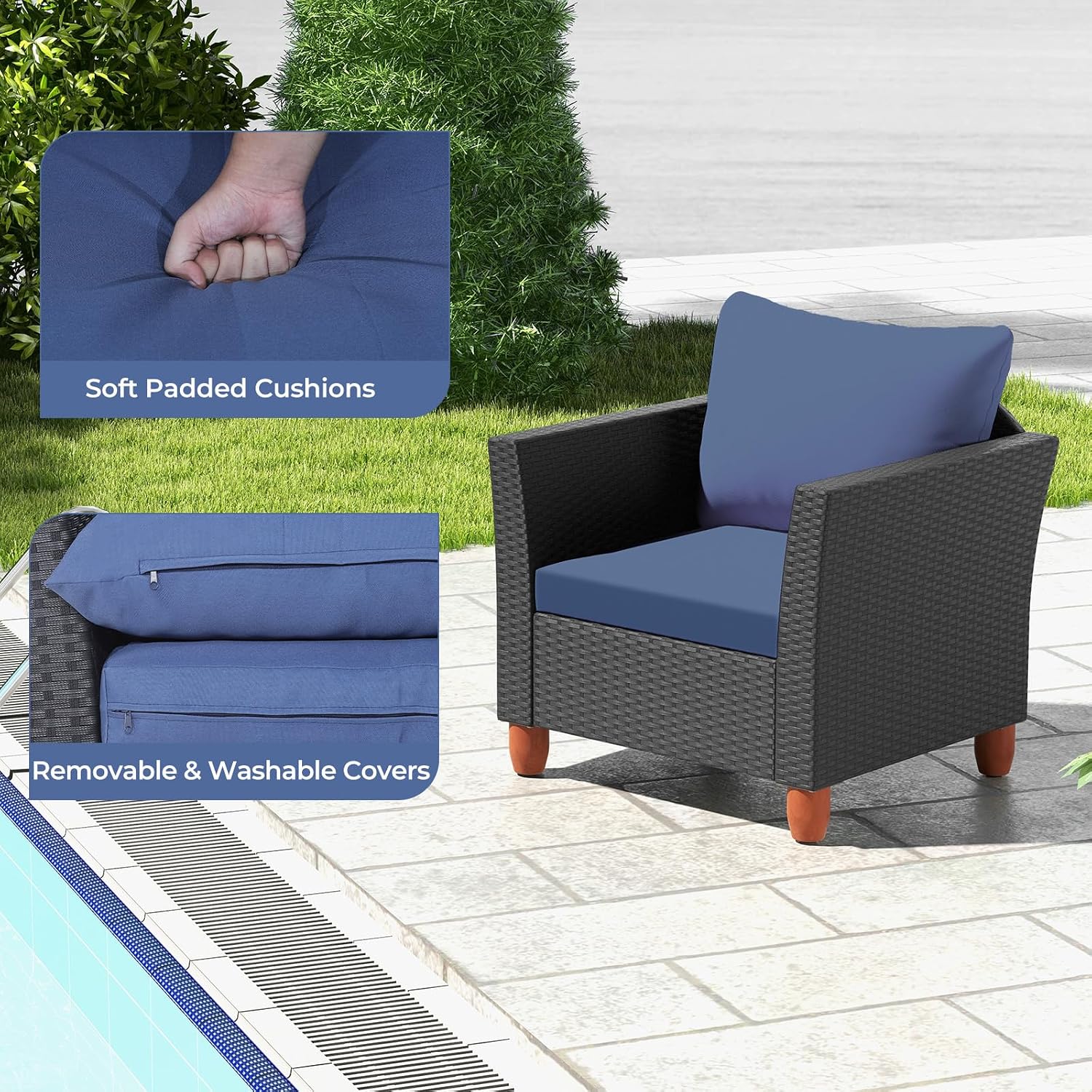 ORALNER 3 Pieces Patio Furniture Set, Outdoor Wicker Conversation Chairs with Cushion, Acacia Coffee Table, Rattan Bistro Set for Balcony Garden Backyard Front Porch Poolside (Blue)