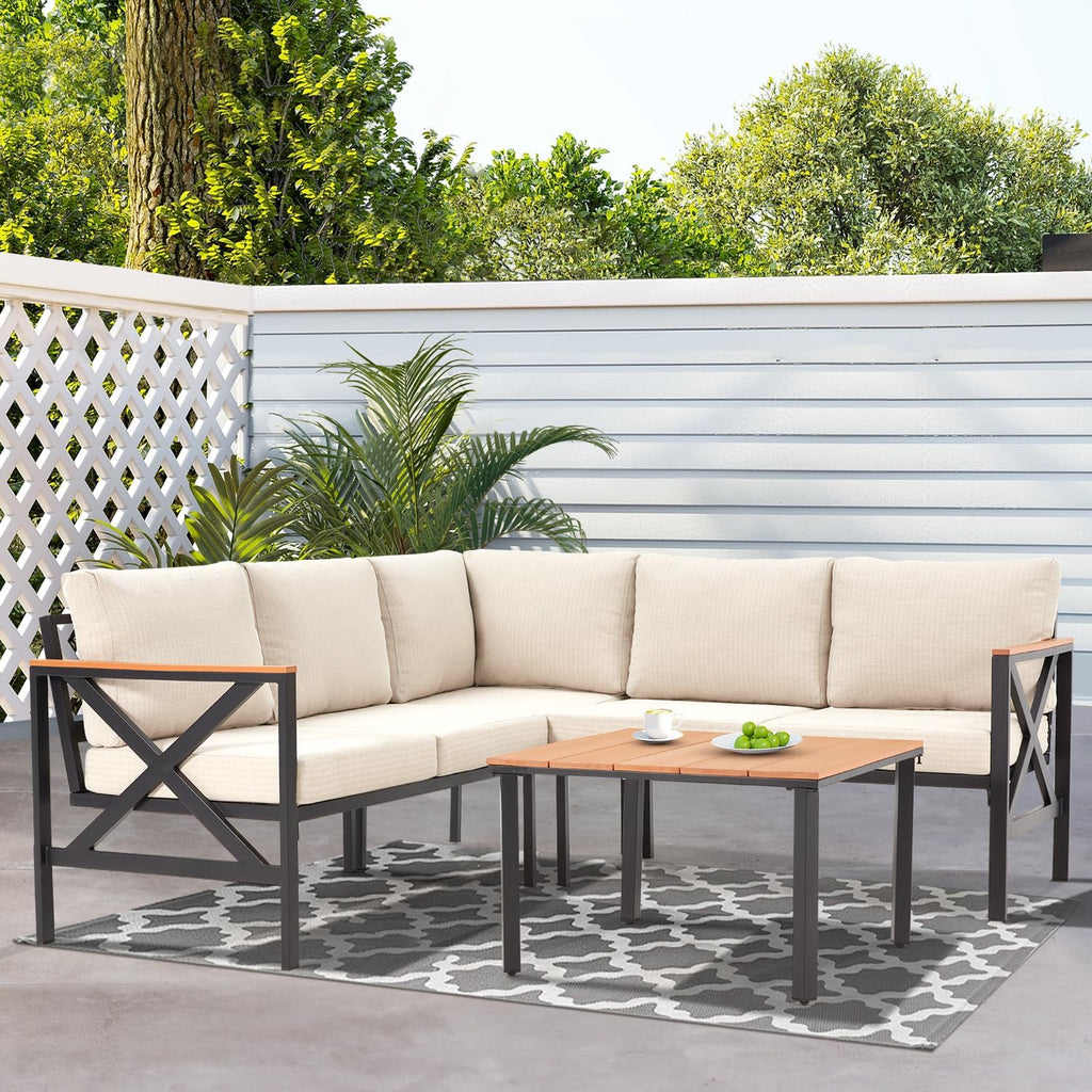 EROMMY 6 Pieces Patio Furniture Sets, Metal Outdoor Sectional Furniture L Shape Patio Conversation Sets with Fauxwood Coffee Table & 6.5' Olefin Cushions for Backyard, Garden, Poolside