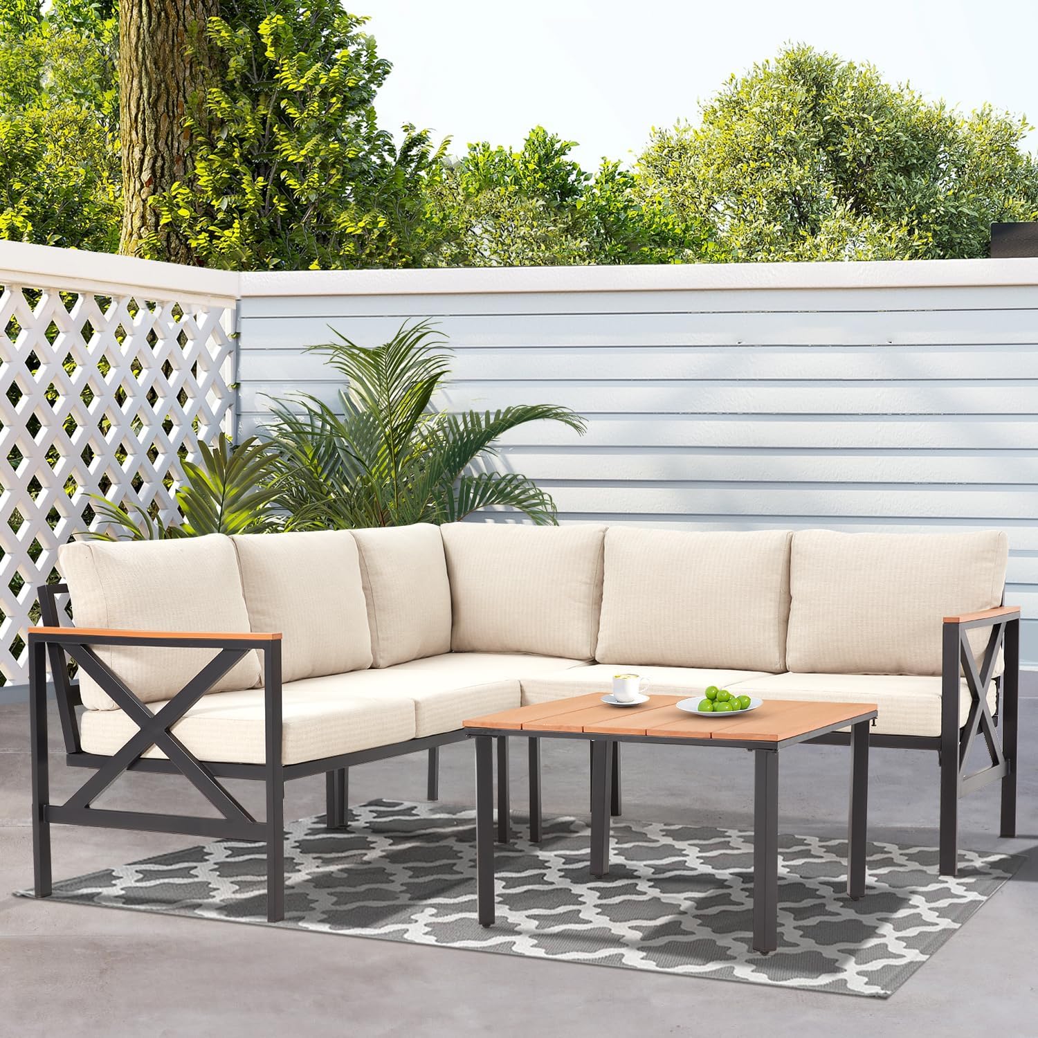 EROMMY 6 Pieces Patio Furniture Sets, Metal Outdoor Sectional Furniture L Shape Patio Conversation Sets with Fauxwood Coffee Table & 6.5' Olefin Cushions for Backyard, Garden, Poolside