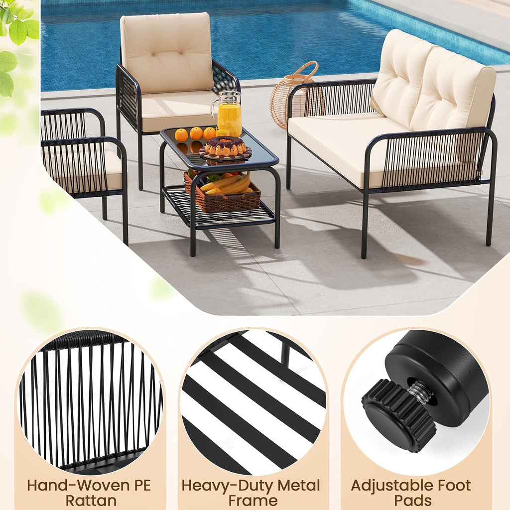 Tangkula 8 Pieces Patio Furniture Set, PE Rattan Sofa Chairs with Loveseat, Tempered Glass Coffee Table and Soft Cushions, Outdoor Conversation Set for Porch, Backyard, Garden and Poolside