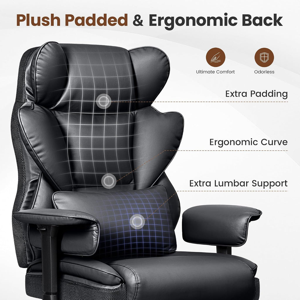 BESTFAIR Big and Tall Office Chair - Heavy Duty 400 LBS Executive Chair with Foot Rest, High Back Ergonomic Desk Chair, Padded Wide Seat Gaming Chair, Adjustable Armrests, Black 2 Pack