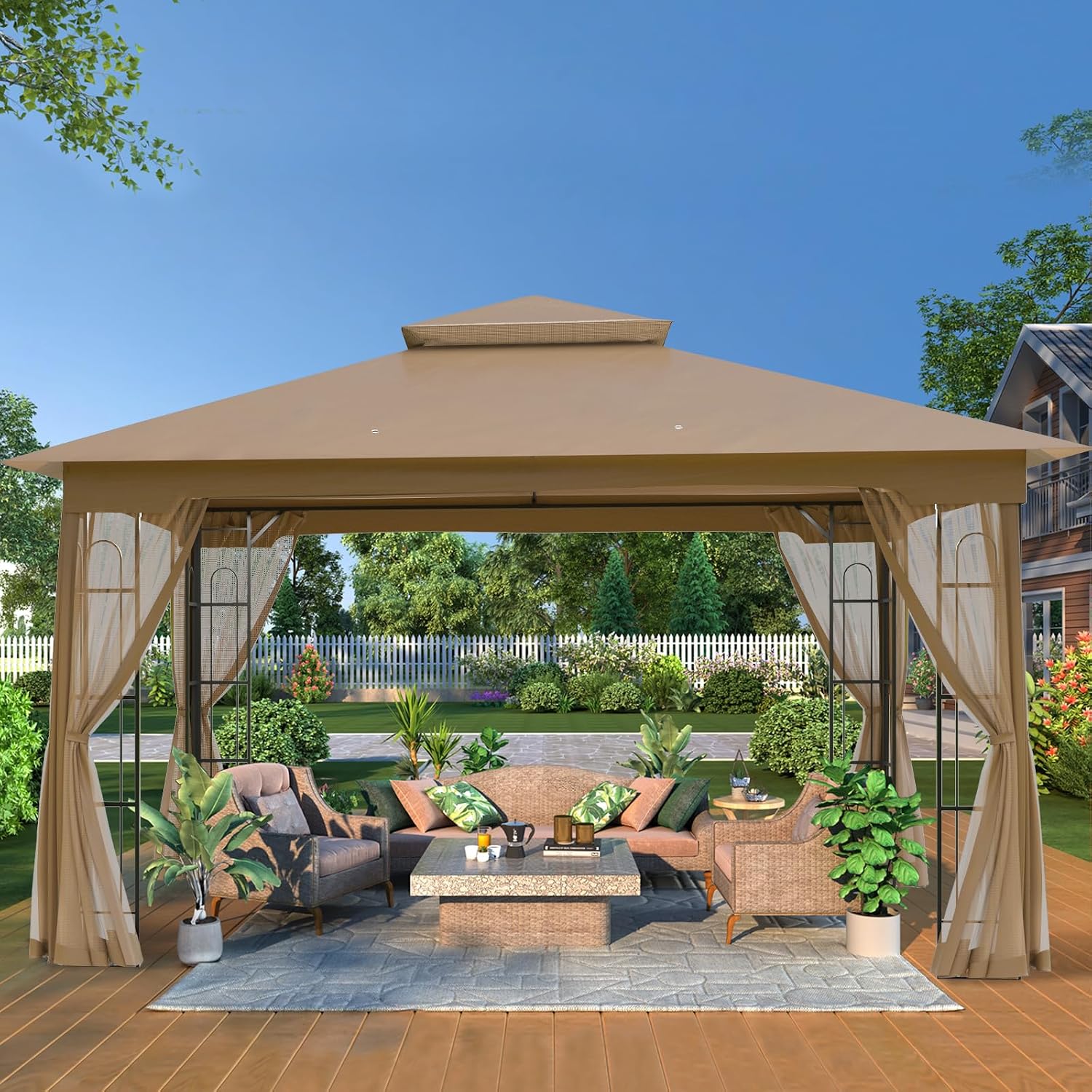 Outdoor Gazebo with Mosquito Netting 13x11 at Top and 12x10 at Base, Double Tier Roof Patio Gazebo Pavilion for Backyards, Patio, Garden and Lawn, Brown
