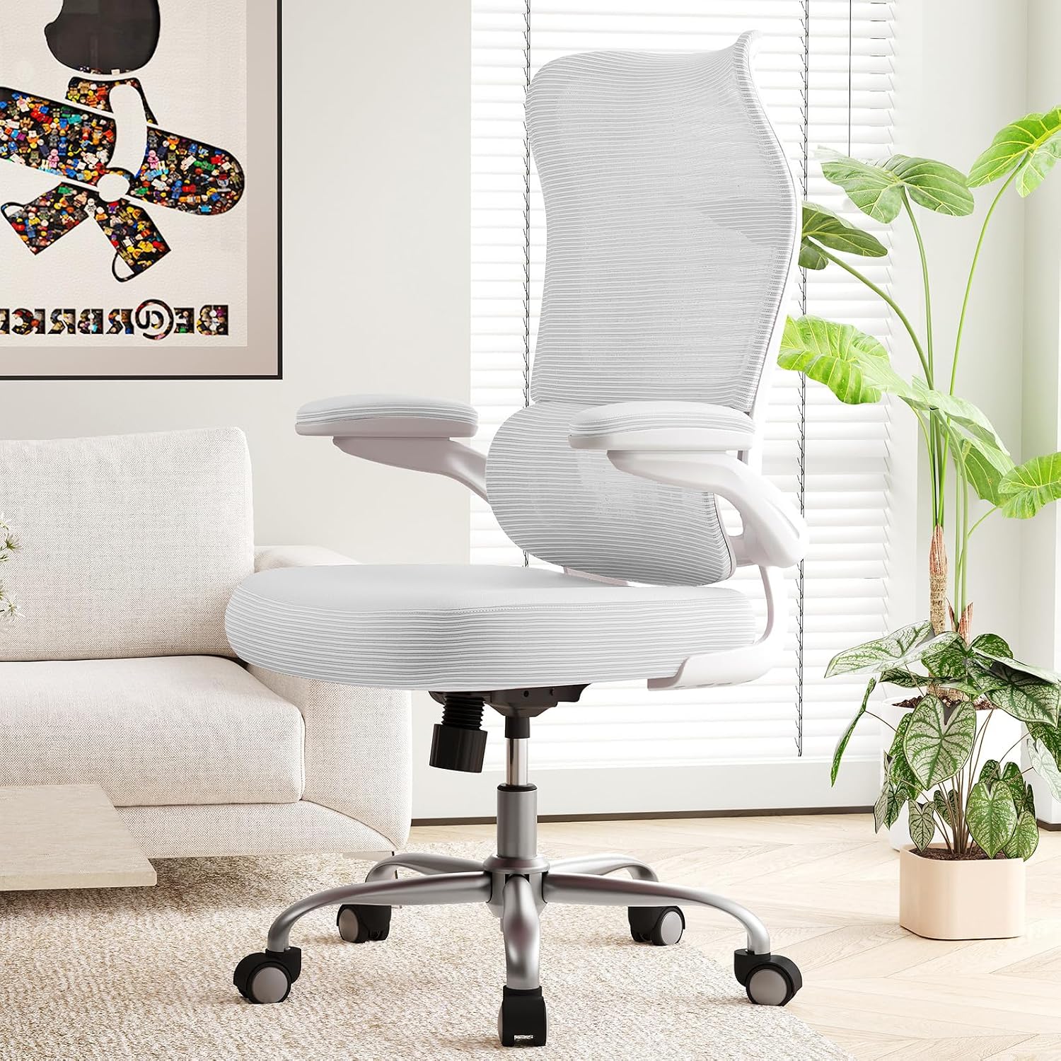 TRALT Ergonomic Office Chair - Desk Chair with Wave High Back Adjustable Lumbar Support Computer Chair - Gaming Chairs Mesh Backrest and PU Leather Seat for Home Reading Chairs to Adults(White)