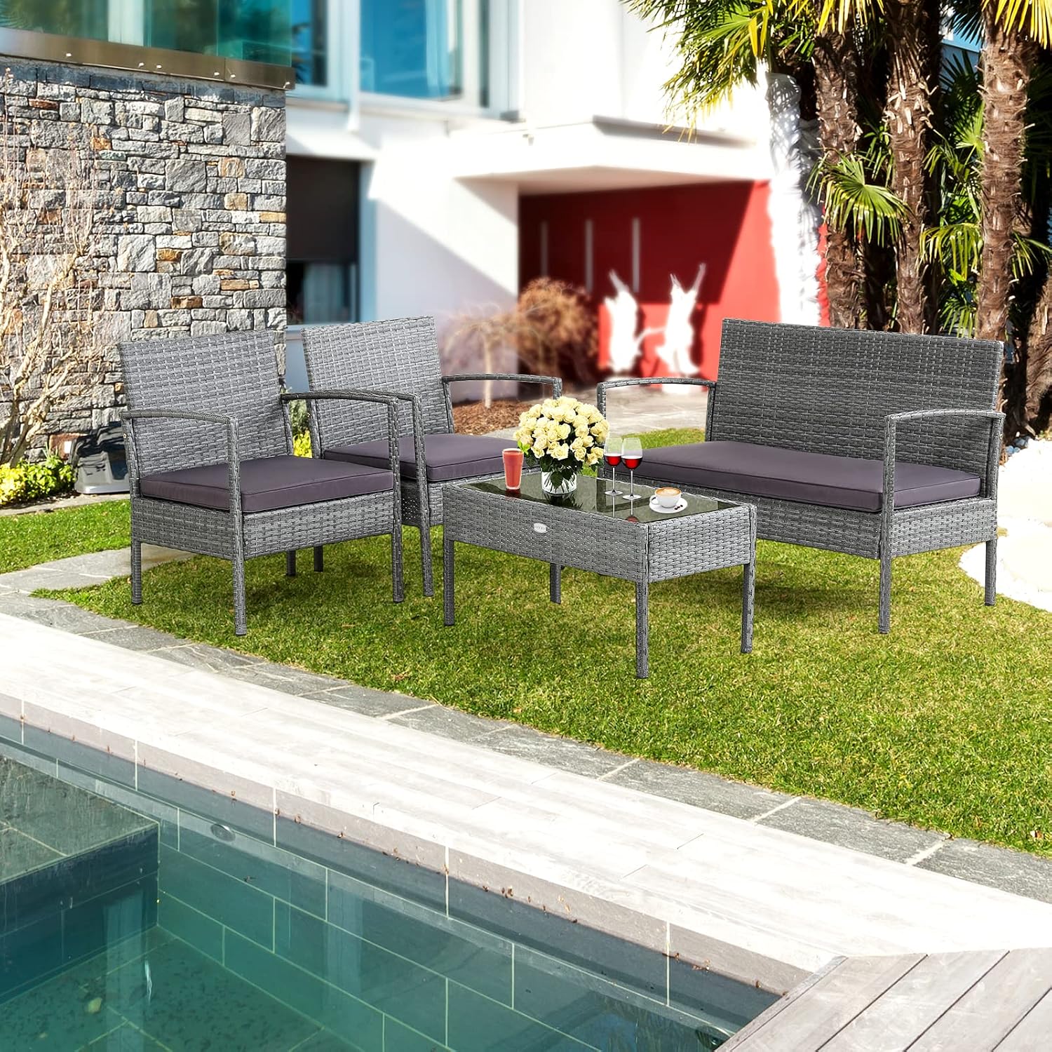 Tangkula 8 Piece Patio Furniture Set, Patiojoy Outdoor Wicker Conversation with Soft Cushion, Glass Tabletop, Solid Steel Frame, Sectional Sofa for Backyard, Poolside, Balcony