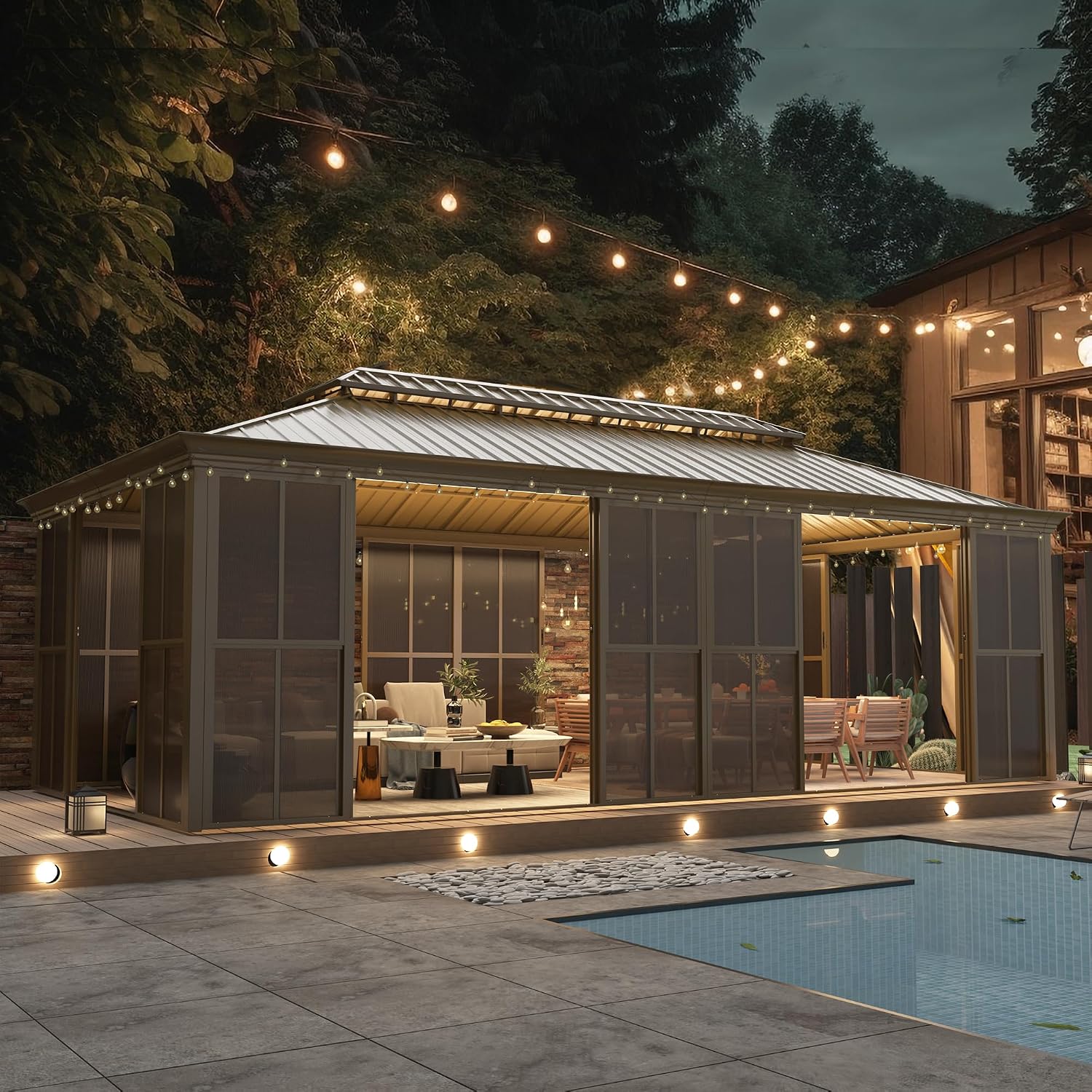 EROMMY 12' X 20' Hardtop Sunroom, Galvanized Steel Double Roof Gazebo Solarium with Detachable Windows & Lockable Doors, All-Weather Sun Room for Patio Deck Backyard
