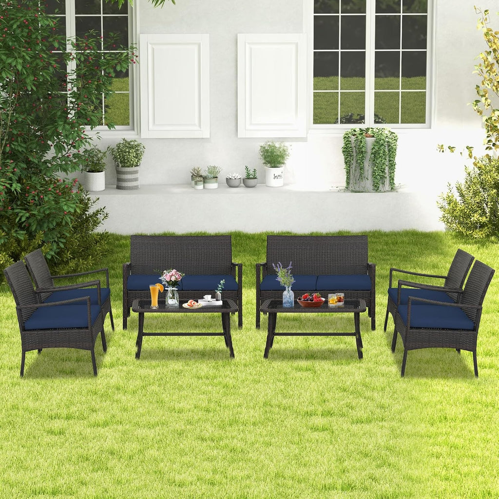 Tangkula 8 Pieces Outdoor Conversation Set, Patio PE Wicker Sofa with Tempered Glass Coffee Table, Soft Seat Cushions Included, Modern Rattan Chair Table Set for Porch, Backyard (2, Navy)