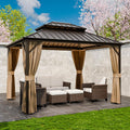 10x12 Hardtop Gazebo with Netting and Curtains, Galvanized Steel Double Roof Outdoor Pavilion with Aluminum Frame, Patio Gazebo for Deck, Garden, Lawn, Dark Brown/Tan