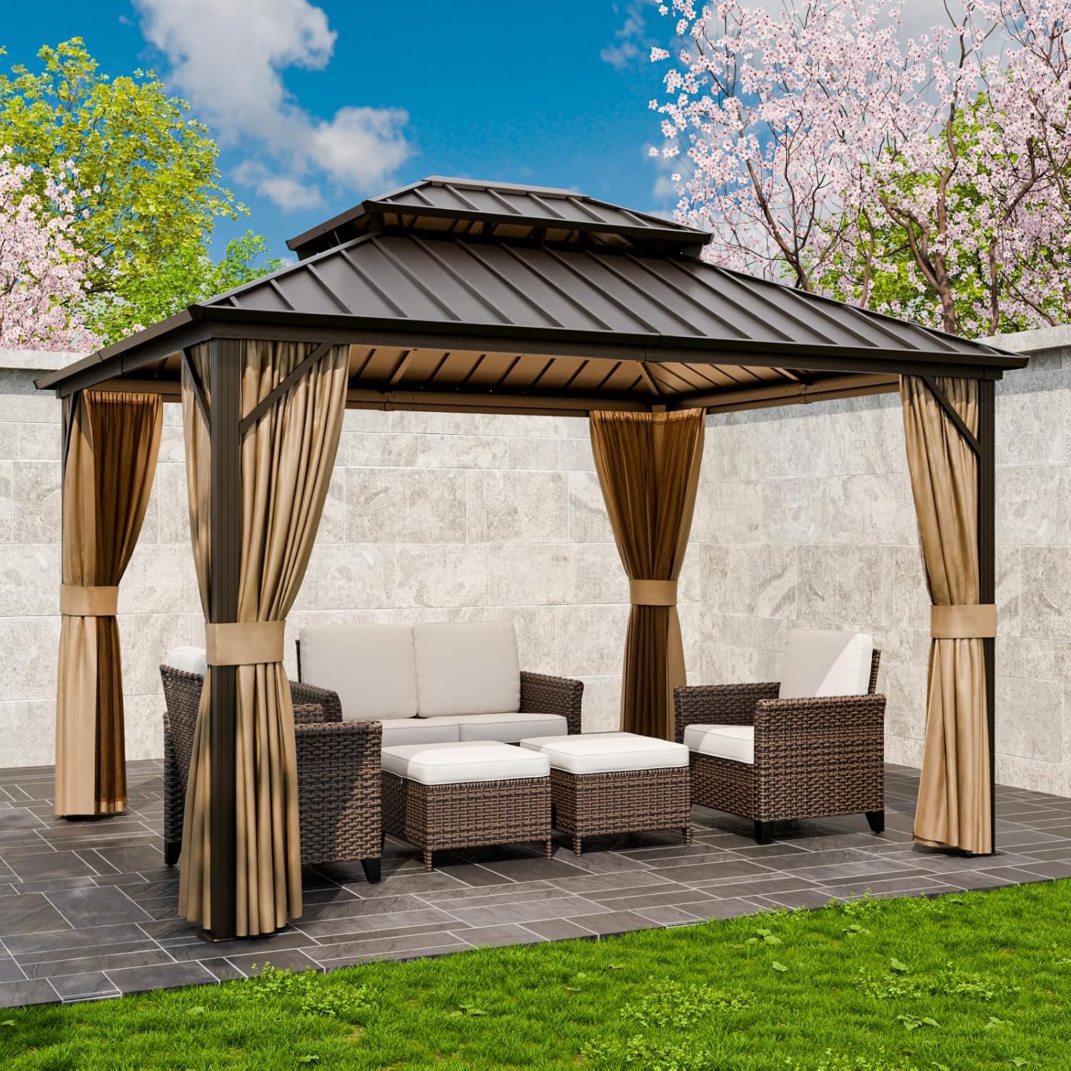 10x12 Hardtop Gazebo with Netting and Curtains, Galvanized Steel Double Roof Outdoor Pavilion with Aluminum Frame, Patio Gazebo for Deck, Garden, Lawn, Dark Brown/Tan