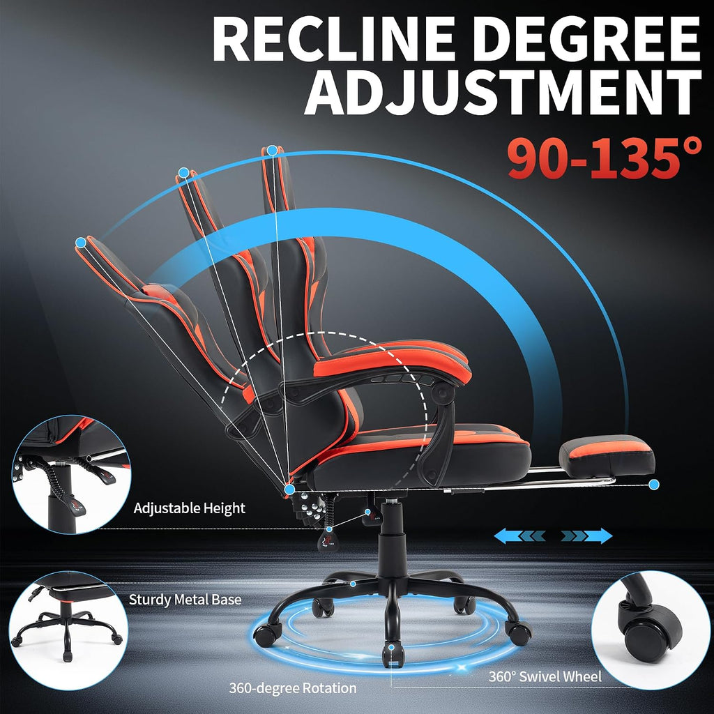 Gaming Chair with Footrest for Adults - Ergonomic Gaming Chairs with Foot Rest - Big and Tall Computer Game Chair - PU Leather Reclining Video Game Chairs with Spring Cushion - Black/Red
