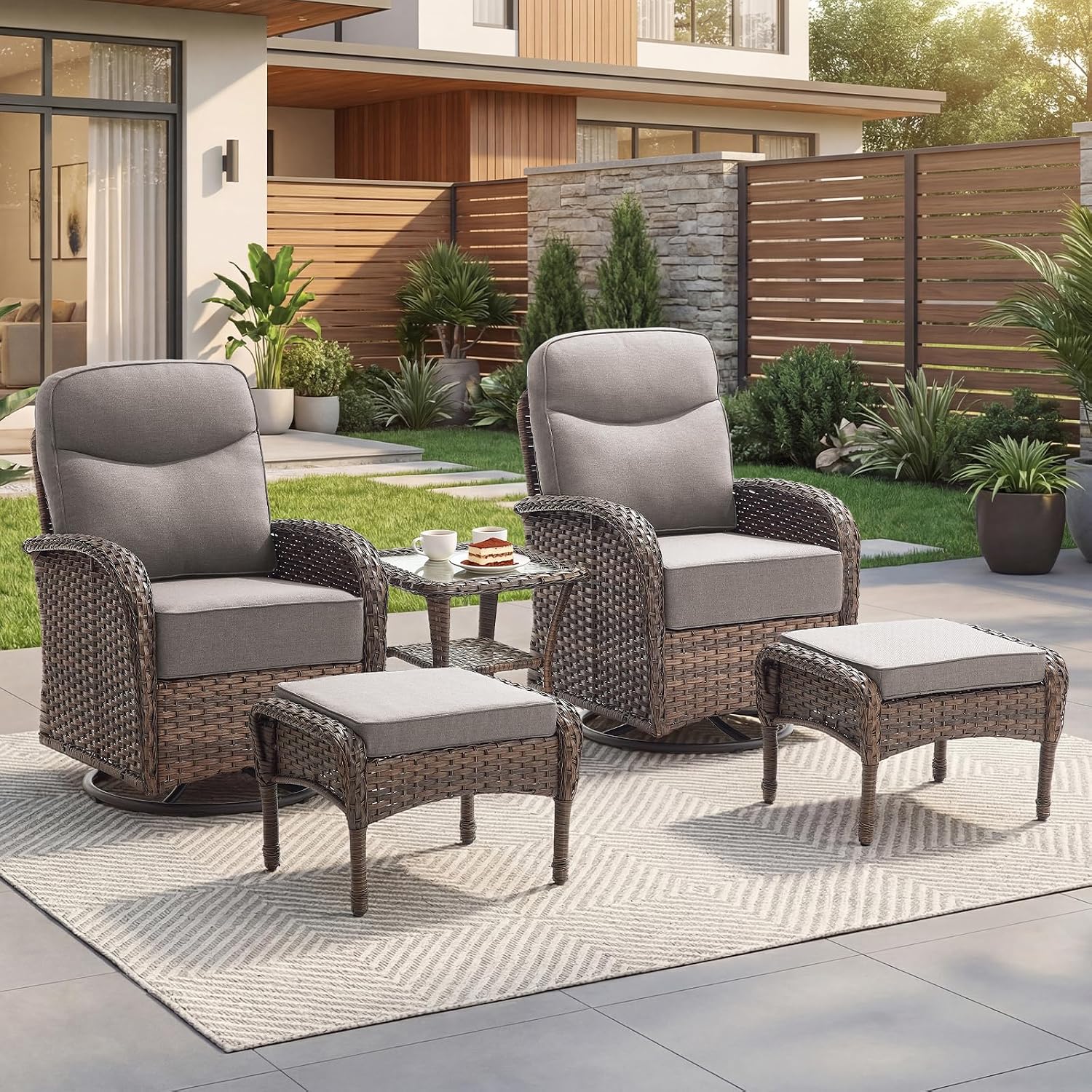 Outdoor Swivel Rocking Chair Patio Set (5-Piece), High-Back - Thick Cushion Swivel Rocking Chair Patio Set, All-Weather Wicker Patio Furniture Set, Suitable for Balcony Patios, Brown/Gery