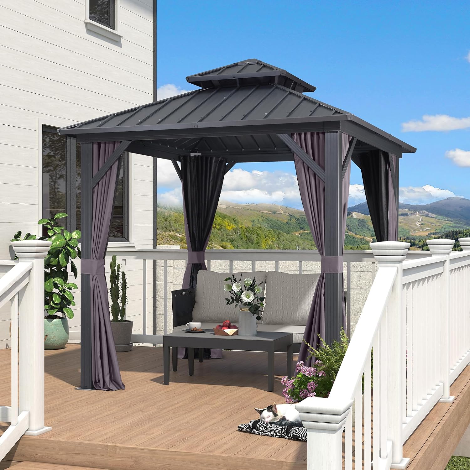 PURPLE LEAF 8' X 8' Outdoor Gazebo Aluminum Permanent Hardtop Gazebo with Galvanized Steel Double Roof for Patio Backyard Deck with Netting and Curtains Grey