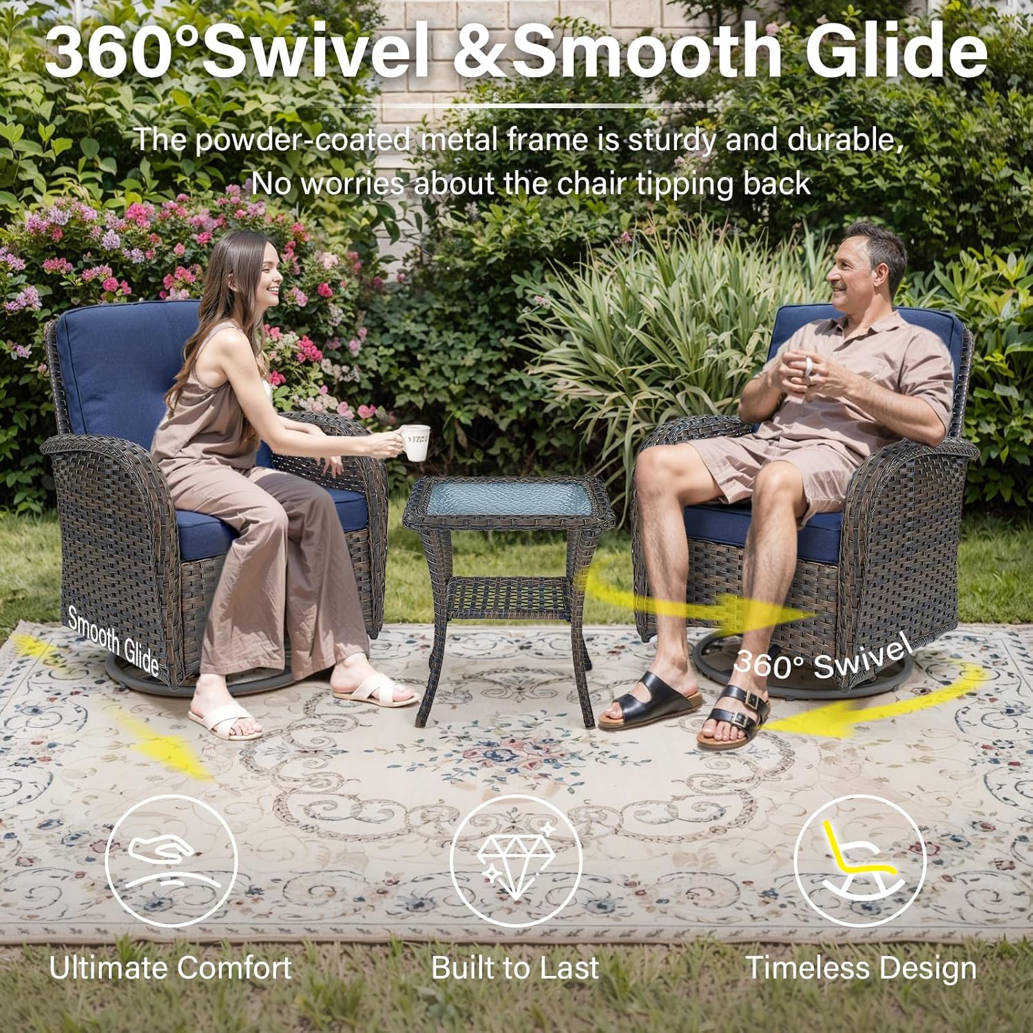Belord Patio Wicker Chairs Swivel Rocker - Outdoor Swivel Rocking Chairs Set of 2 with Rattan Side Table, Patio Swivel Glider Chair 3 Piece Patio Furniture Sets for Deck Porch Pool Brown/Blue