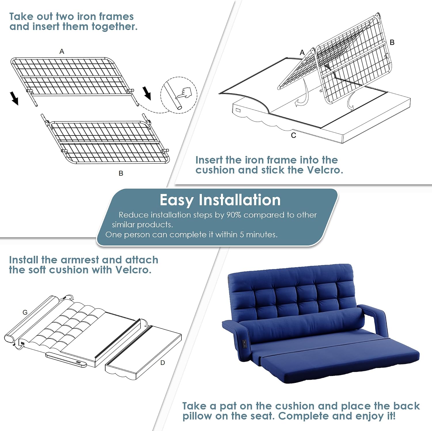 STHOUYN Comfy Bedroom Chair with 2 USB Charging Ports, 5-Position Floor Couch Gaming Chairs for Adults, Lounge Chair Indoor Folding Lazy Sofa Meditation Arm Dorm Chair Living Room (Navy Blue)