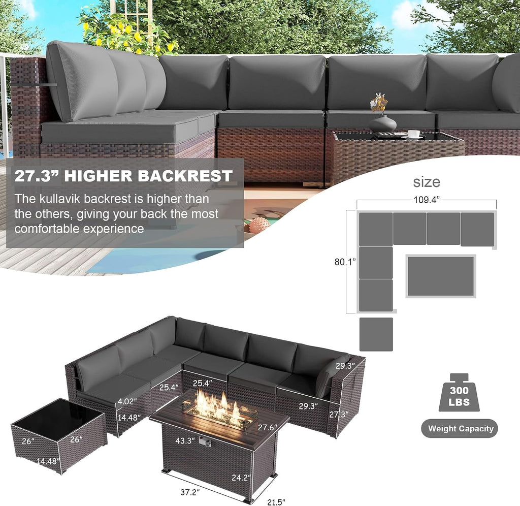 Kullavik 8 Pieces Outdoor Patio Furniture Set with 43' 55000BTU Gas Propane Fire Pit Table PE Wicker Rattan Sectional Sofa Patio Conversation Sets,Grey