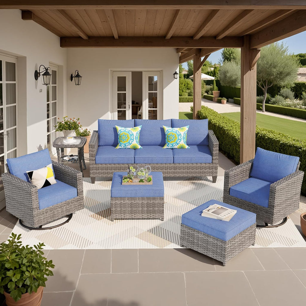 ovios 6 Pieces Patio Furniture Set, Outdoor Wicker Sofa Couch with Swivel Chairs, Rocking Glider Rocker with Comfy Cushions All Weather Rattan Conversation Set, Denim Blue