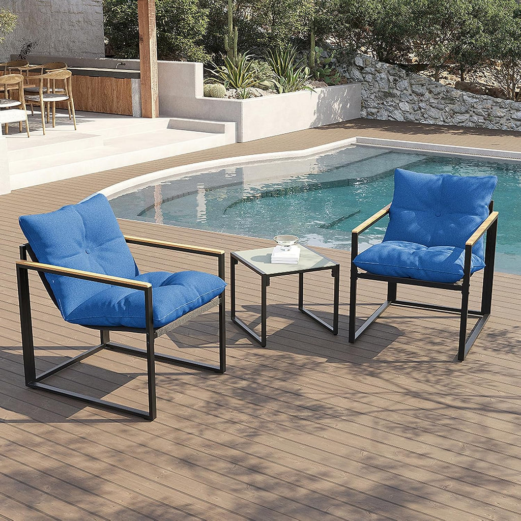 3 Piece Patio Bistro Set Outdoor - Small Space Balcony Furniture with 2 Cushioned Chairs & Coffee Table, Rust-Proof Metal Frame, Breathable Textilene, Modern Porch Deck Set (Blue)