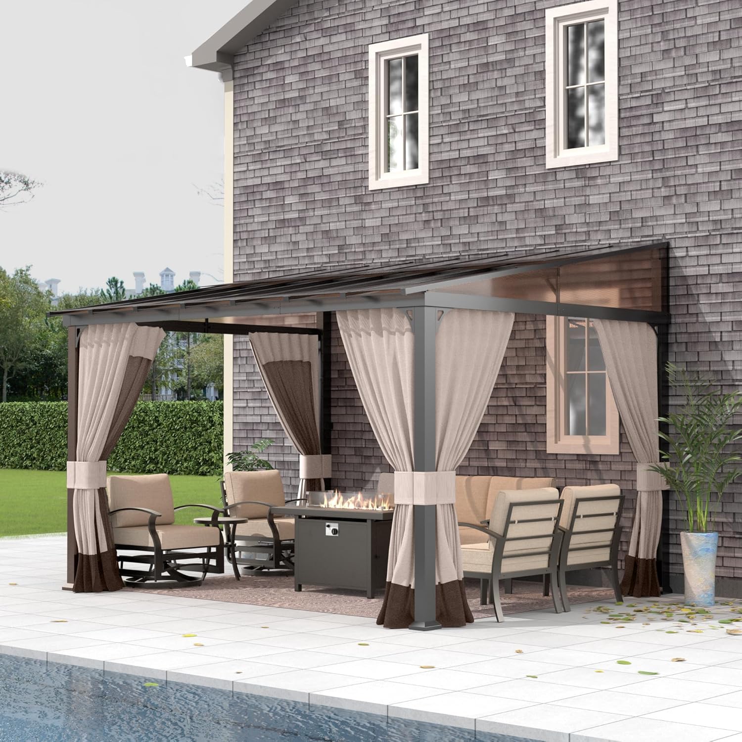 Gotland 10 FT x 12 FT Lean to Gazebo, 3 in 1 Outdoor Gazebo with Sloped Roof, Wall Mounted Gazebo with Ground Anchor Sturdy Structure, Galvanized Steel Metal Pergola for Backyard Deck Khaki