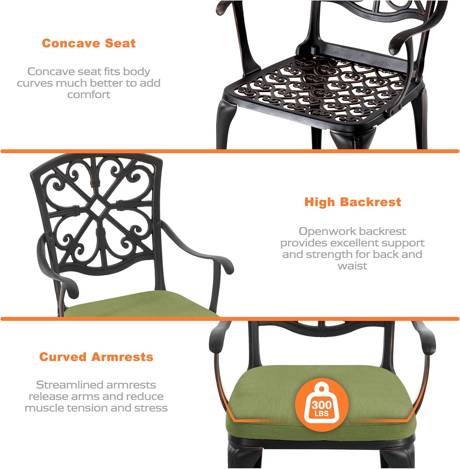 NUU GARDEN 3-Piece Outdoor Bistro Set with Cushions, Round 24 Inch Cast Aluminum Round Table with 1.77' Umbrella Hole and 2 Cast Aluminum Armchairs with Cushions, Black with Gold-Painted Edge