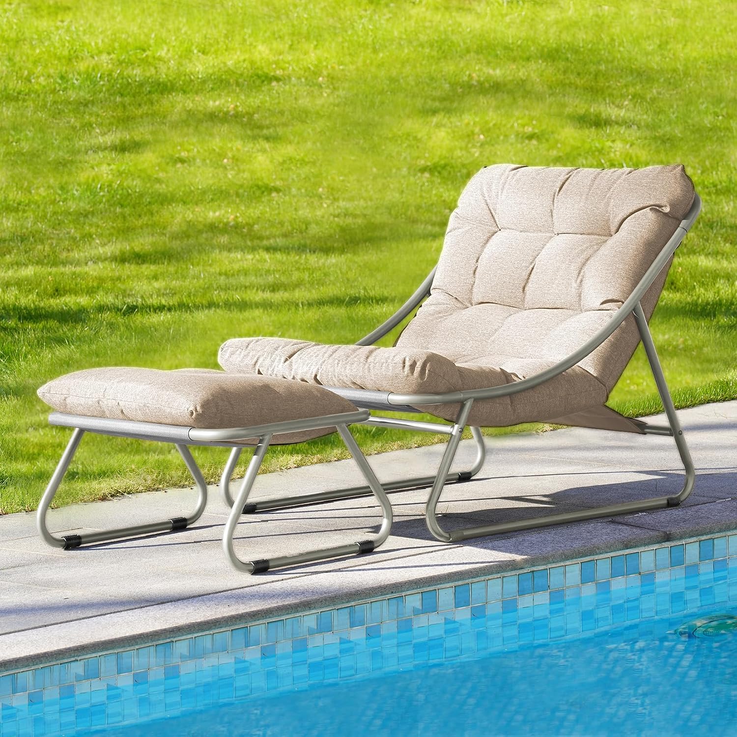 Grand patio Outdoor Lounge Chair with Foot Stool, Comfy Sling Recliner Chair with Puffy Cushion and Foot Rest, Modern Patio Furniture Set for Porch Deck Garden, Champagne Gray