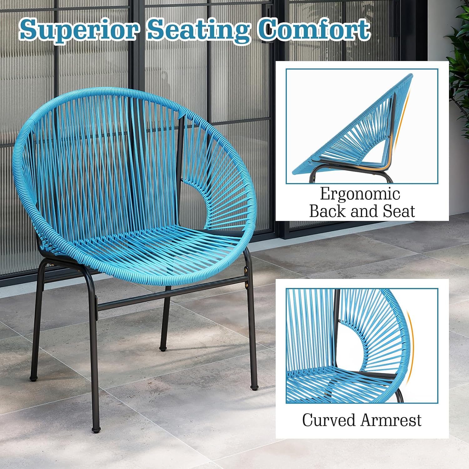 Tangkula 3 Piece Outdoor Patio Furniture Set, Acapulco Chair Set w/Plastic Rope, Tempered Glass Table, All Weather Patio Bistro Set for Patio, Lawn, Garden, Backyard (Turquoise)