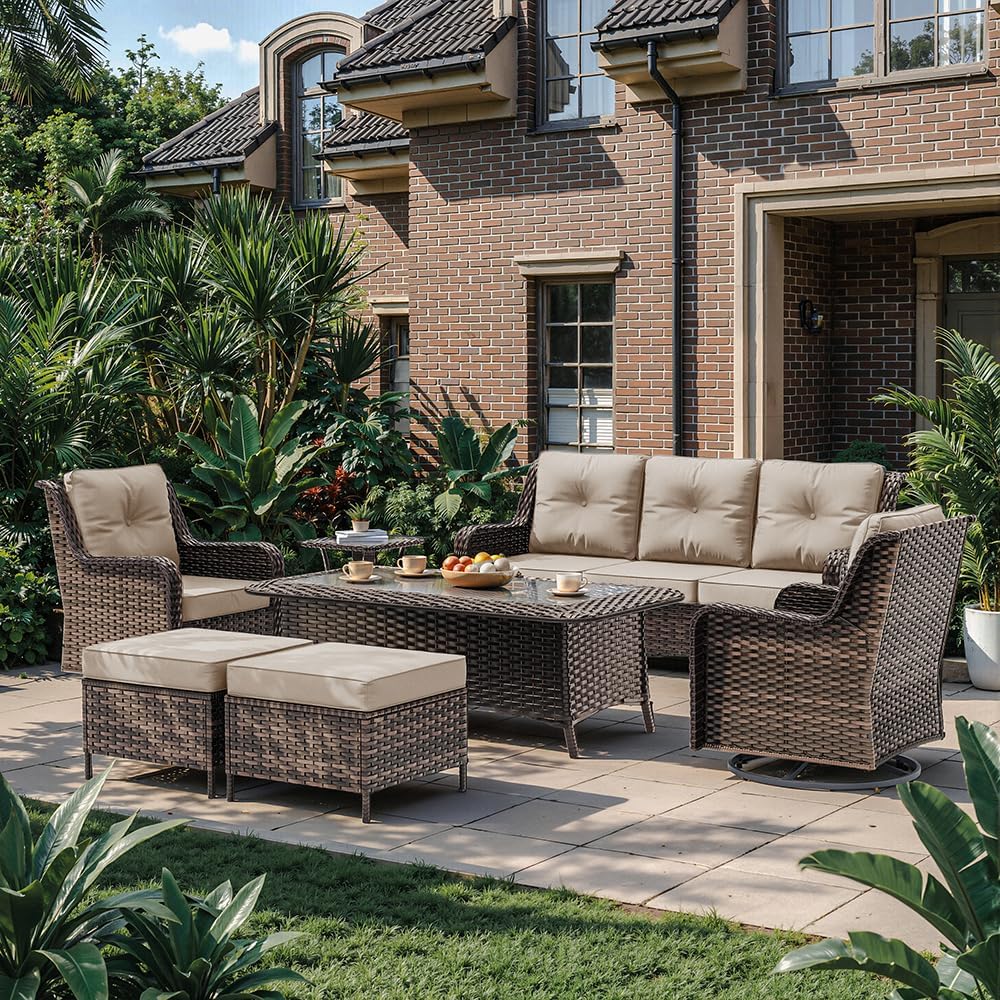 Kurapika 7-Piece Patio Furniture Set, Wicker Thick-Backed Outdoor Swivel Rocking Chair, Includes Coffee Table and Thick Cushions, Conversation Set for Porch,Patio, Sand