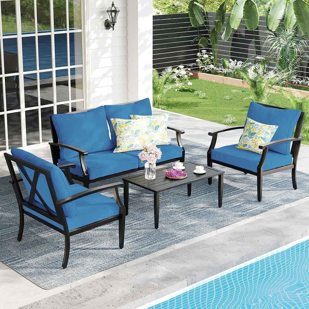 4-Piece Patio Furniture Set, Wider Outdoor Metal Seating Sofa with High Back & Loveseat, Coffee Table, All Weather Metal Conversation Set for Backyard, Poolside, Deck-Peacock