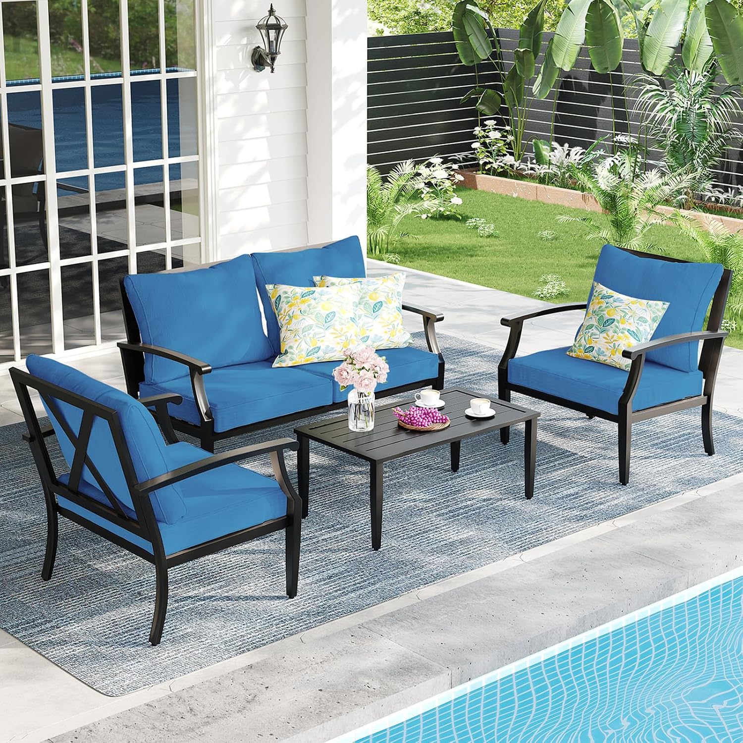 4-Piece Patio Furniture Set, Wider Outdoor Metal Seating Sofa with High Back & Loveseat, Coffee Table, All Weather Metal Conversation Set for Backyard, Poolside, Deck-Peacock