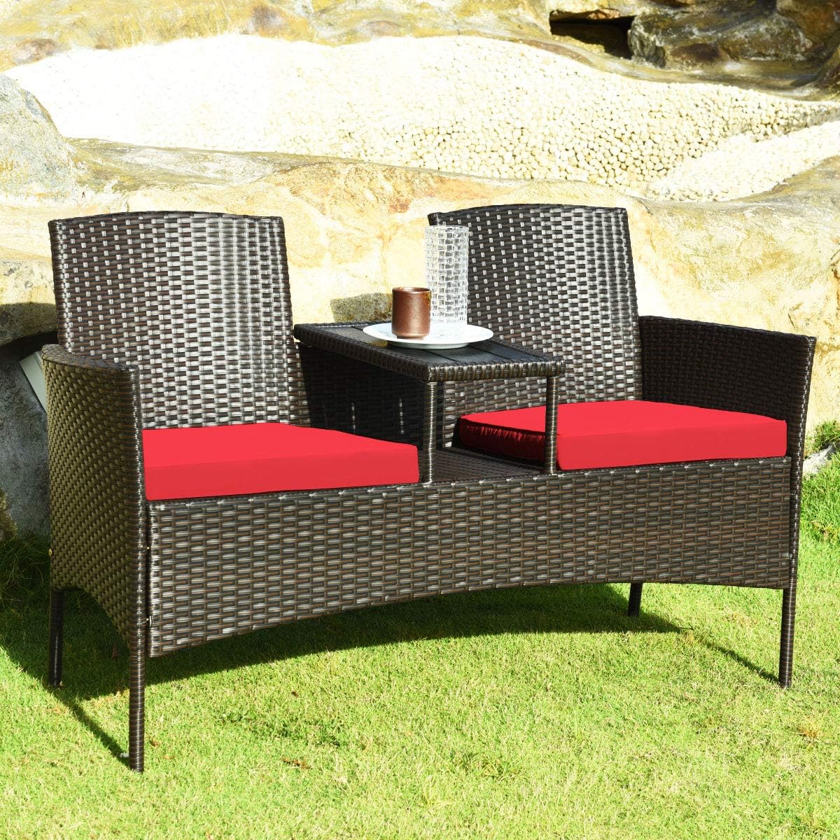 COSTWAY 2-Seat Patio Conversation Sets, Outdoor Patio Loveseat Set with Removable Cushions & Built-in Coffee Table for Backyard, Garden, Lawn, Balcony, Brown+Red