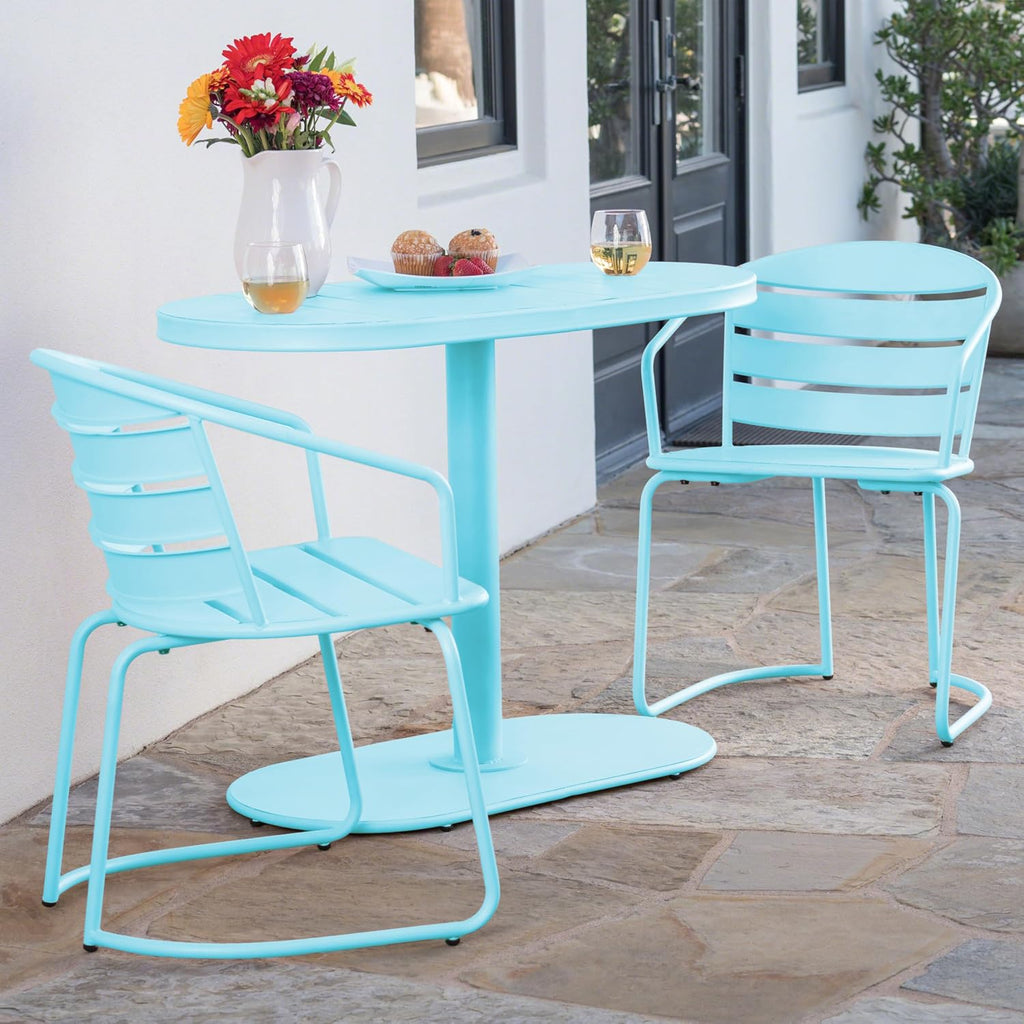 Christopher Knight Home Adley Outdoor Bistro Set, 3-Piece Bistro Table and Chair Set of 2, Patio Furniture Set with Iron Frame, Outdoor Bistro Dining Set, Poolside/Garden Cafeteria, Matte Light Blue
