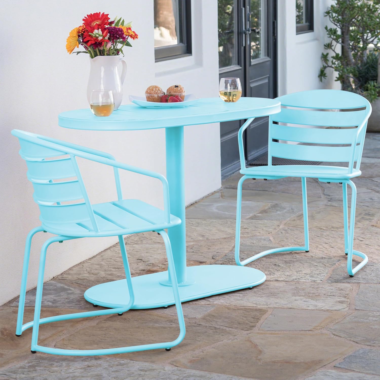 Christopher Knight Home Adley Outdoor Bistro Set, 3-Piece Bistro Table and Chair Set of 2, Patio Furniture Set with Iron Frame, Outdoor Bistro Dining Set, Poolside/Garden Cafeteria, Matte Light Blue