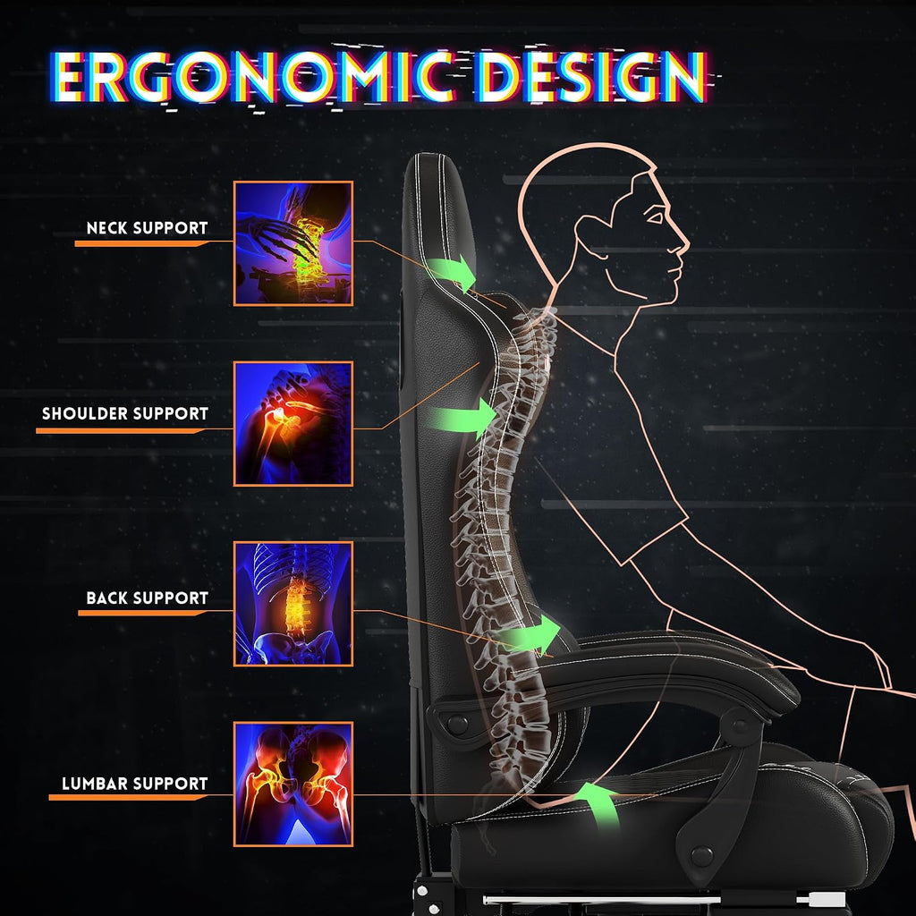 Gaming Chair,Ergonomic Computer Gaming Chair,400lb Load-Bearing,Retractable Footrest/Waist Support/Ergonomic Backrest[Spring + 4D Sponge] (Black)