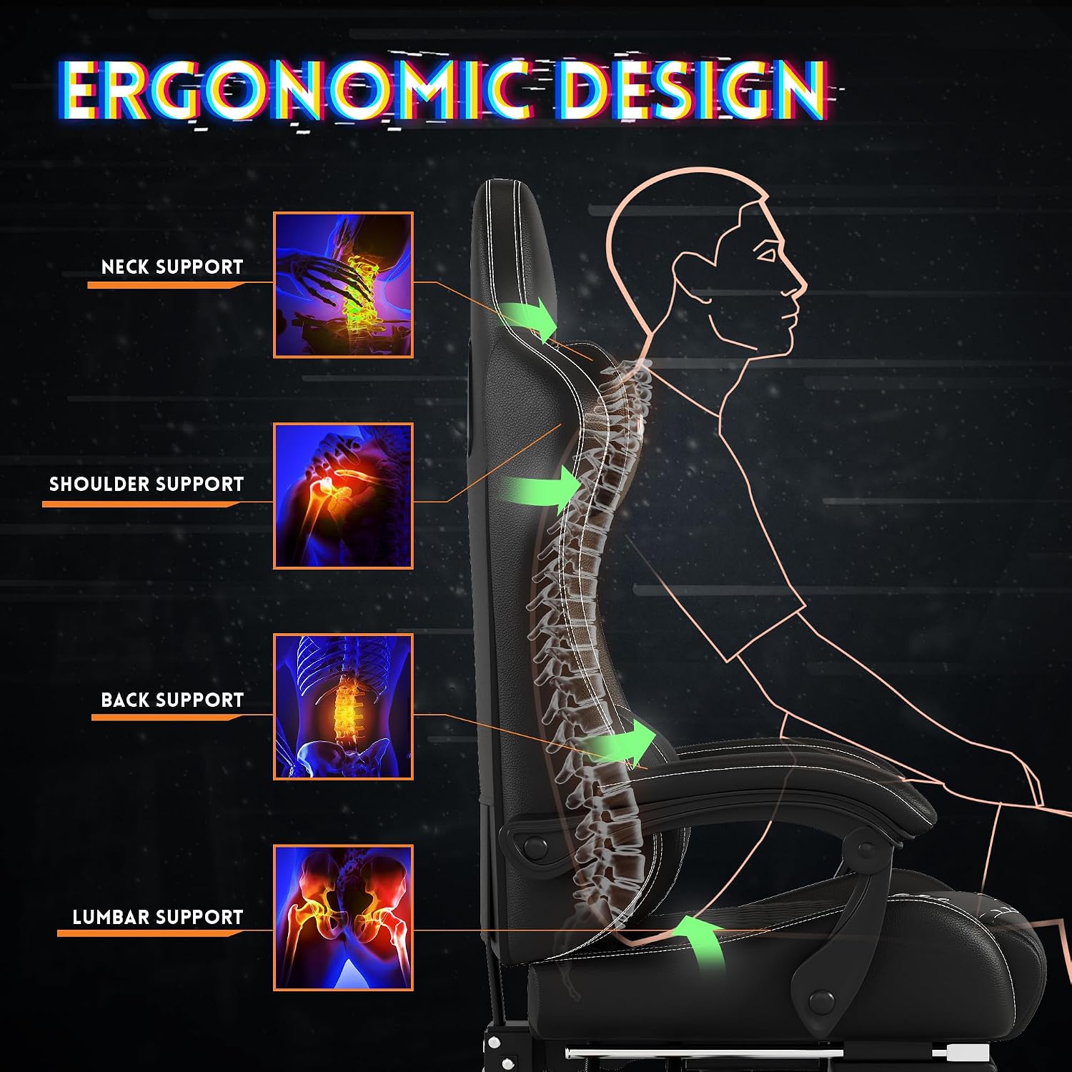 Gaming Chair,Ergonomic Computer Gaming Chair,400lb Load-Bearing,Retractable Footrest/Waist Support/Ergonomic Backrest[Spring + 4D Sponge] (Black)