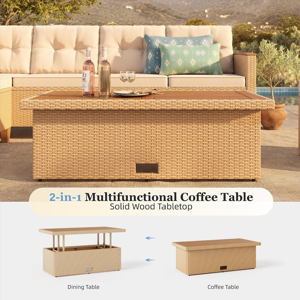 HERA'S HOUSE Patio Furniture Set, 8 Piece Wicker Outdoor Patio Conversation Set, Outside L-Shaped Sectional Sofa Couch with Chaise Lounge and 2 Ottomans, 1 Height Adjustable Table for Lawn