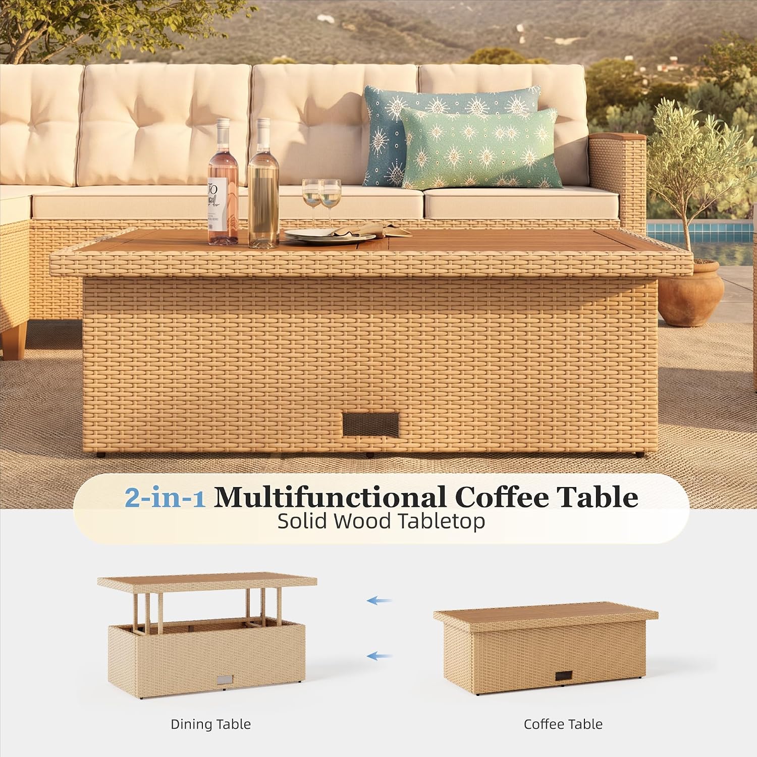 HERA'S HOUSE Patio Furniture Set, 8 Piece Wicker Outdoor Patio Conversation Set, Outside L-Shaped Sectional Sofa Couch with Chaise Lounge and 2 Ottomans, 1 Height Adjustable Table for Lawn