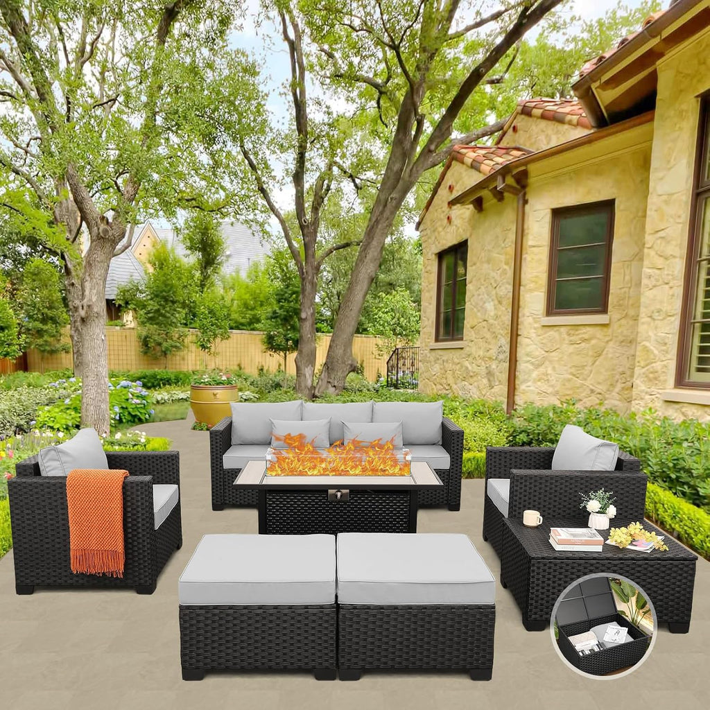Patio Furniture Set 45 In Outdoor Fire Pits 7 Pieces Outdoor Patio Furniture 60000 BTU Outdoor Propane Fire Pit Table Patio Sofa Outdoor Chairs Anti-slip Cushions Waterproof Covers, Light Grey