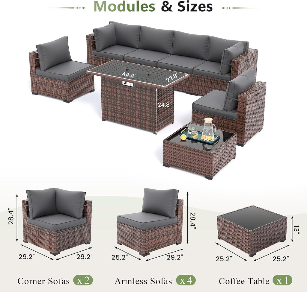 Amopatio 8 Pieces Patio Furniture Set with Fire Pit Table, Outdoor Sectional Conversation Sofa with Waterproof Cover, All-Weather Wicker for Garden, Backyard, Porch, Balcony(Dark Grey)